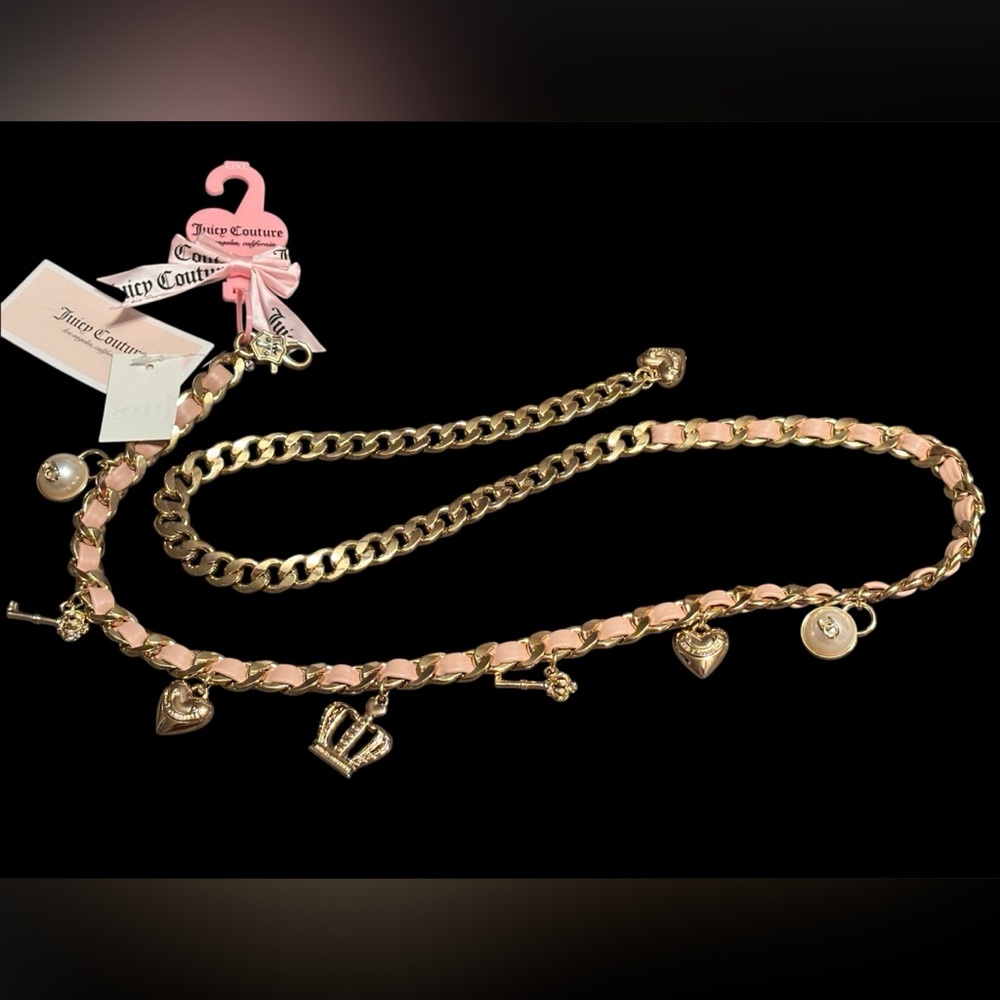 NWT•Juicy Couture Gold and Blush Pink Faux Leather Charm Chain Belt
